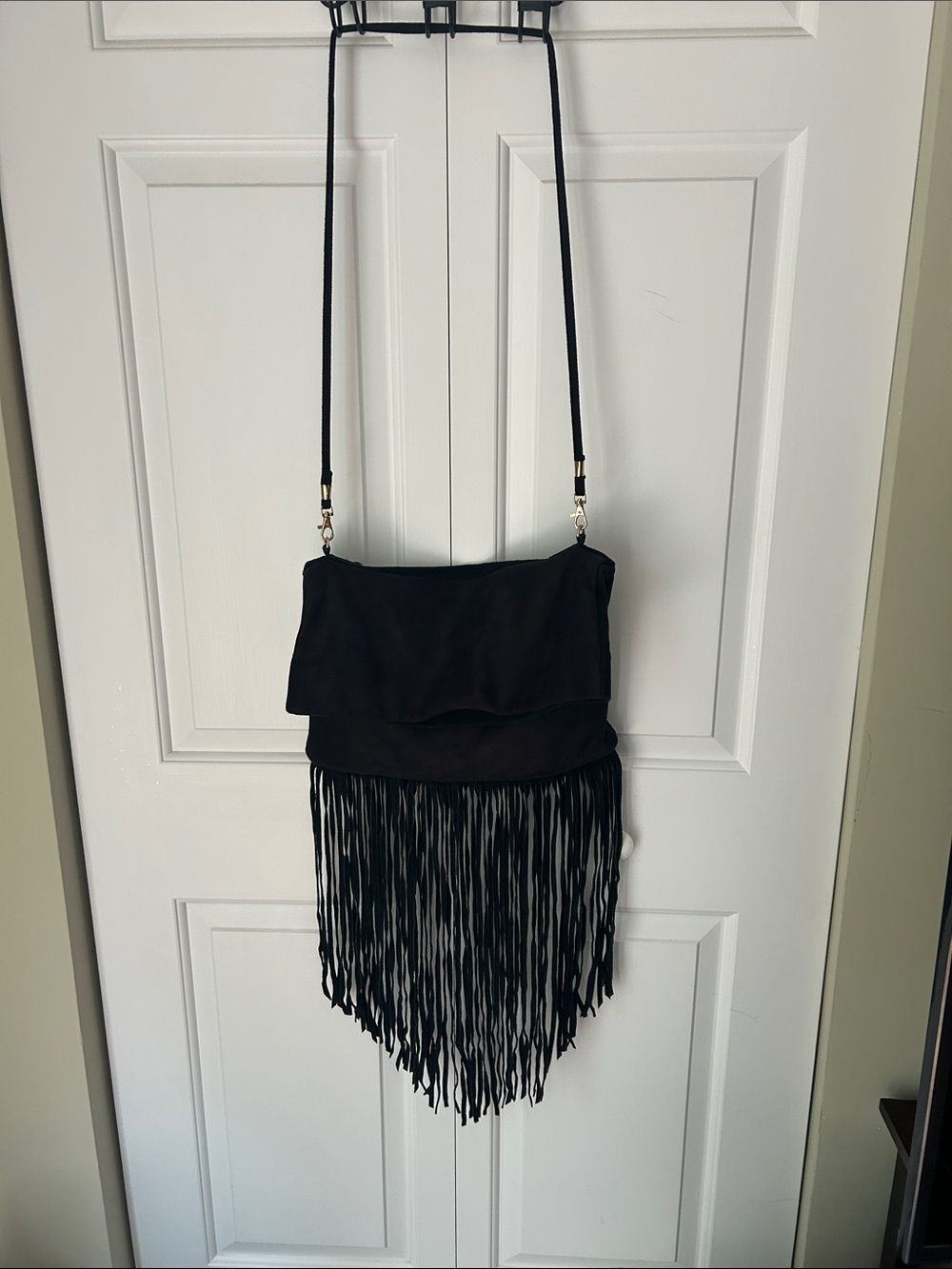 Black Fringe Crossbody Bag with Fold-Over Flap